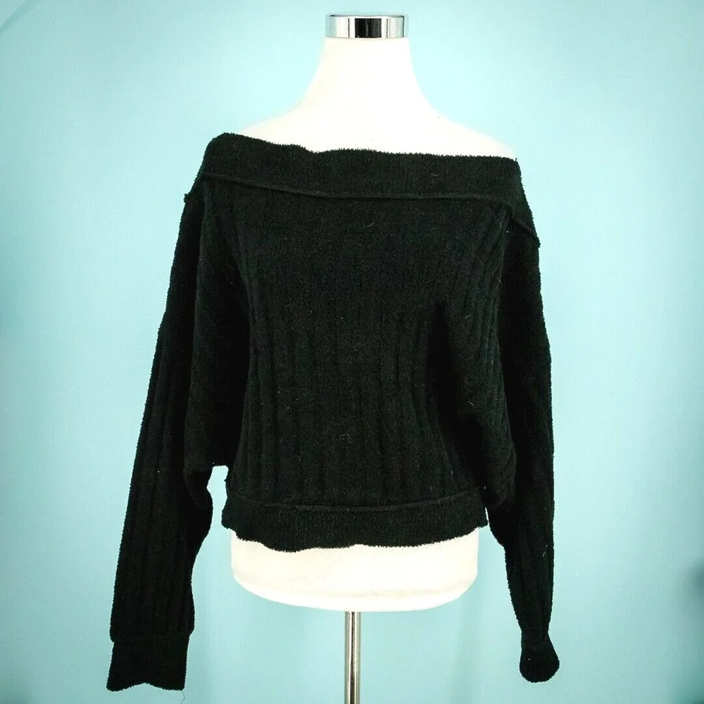 Free People Size Small S Black Cabin Fever Off Shoulder Ribbed Chenille Sweater